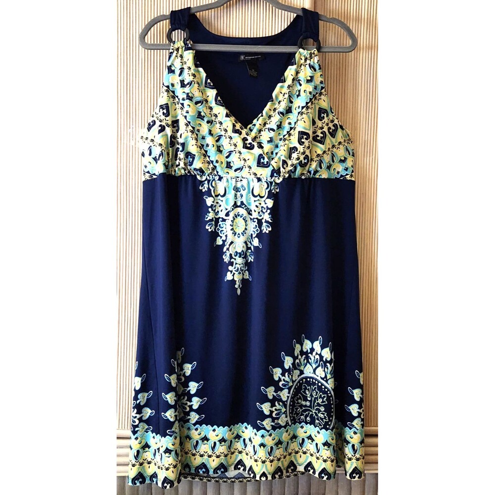INC International Concepts Woman Dress Size 1X Blue V-Neck Floral Bling EUC